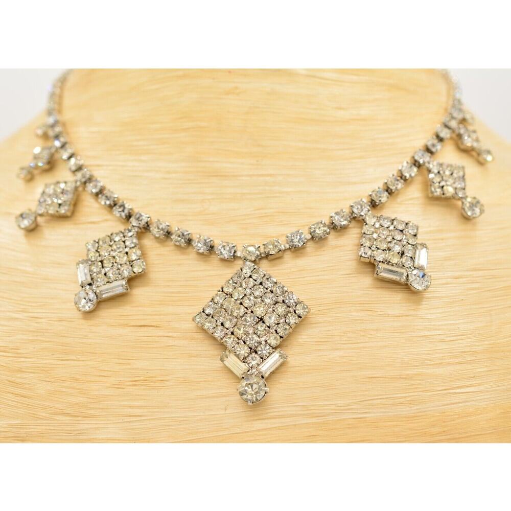 Weiss Vintage Crystal Collar Necklace Baguette Prong Rhinestone Signed 80s Bin1D